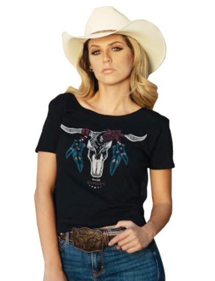 Rangers Damen Western T-Shirt Stierkopf schwarz bunt kurzarm Ladies Westernhemden Schwarz female detail 2