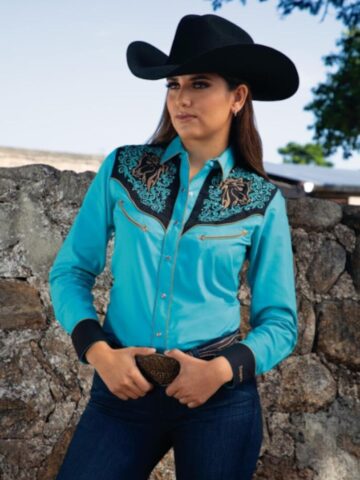 Rangers Westernbluse Sophia schwarz-türkis langarm Ladies Oberteile & Blusen Blau female main image Western Wear