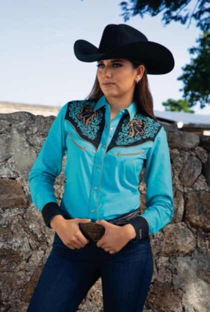 Rangers Westernbluse Sophia schwarz-türkis langarm Ladies Oberteile & Blusen Blau female main image Western Wear