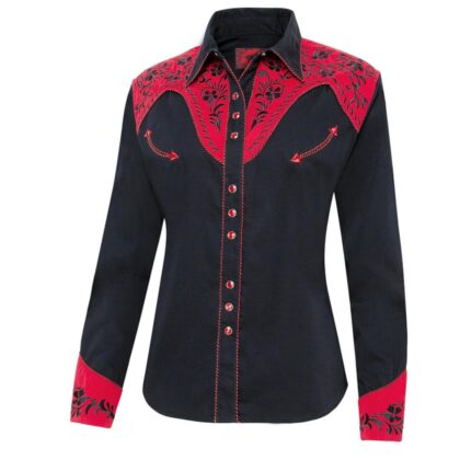 Stars & Stripes Damen Westernbluse Dolly schwarz rot langarm Ladies Oberteile & Blusen Schwarz female main image Western Wear