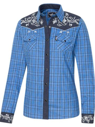 Stars & Stripes Damen Westernbluse Laura blau kariert Langarm Ladies Oberteile & Blusen Blau female main image Western Wear